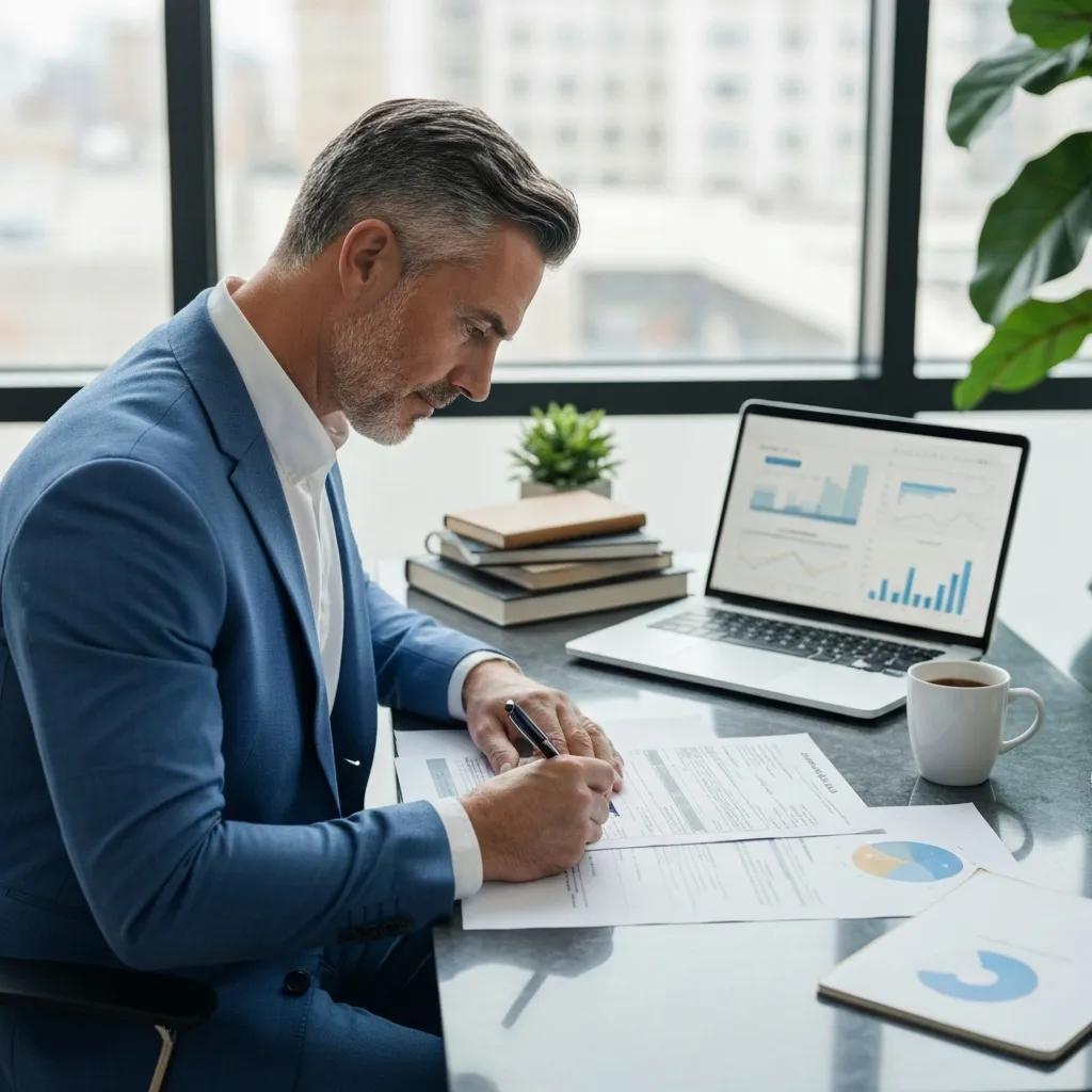 Investor completing a loan application at a desk with property documents
