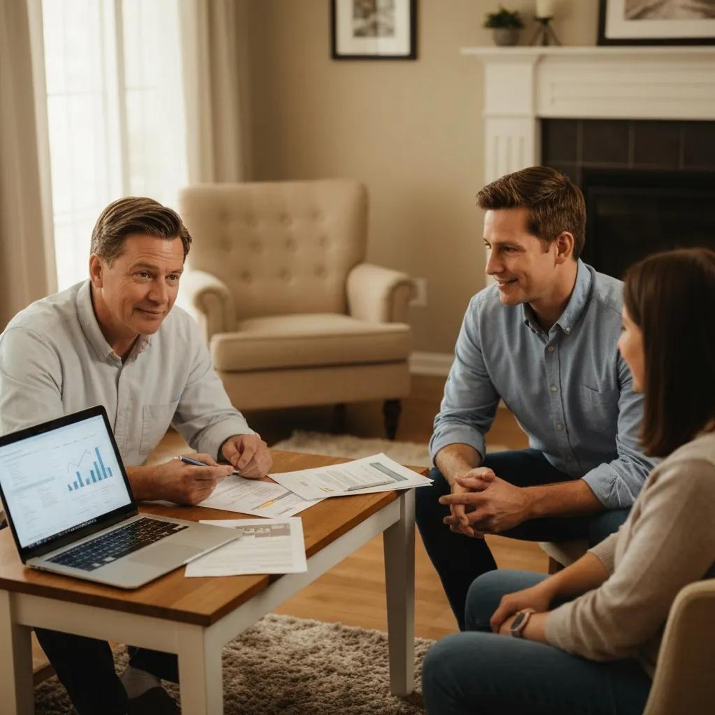 Real estate investor discussing seller financing with clients in a cozy home setting