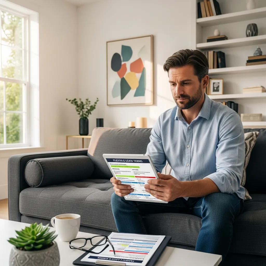 Investor reviewing loan terms on a tablet while planning a renovation