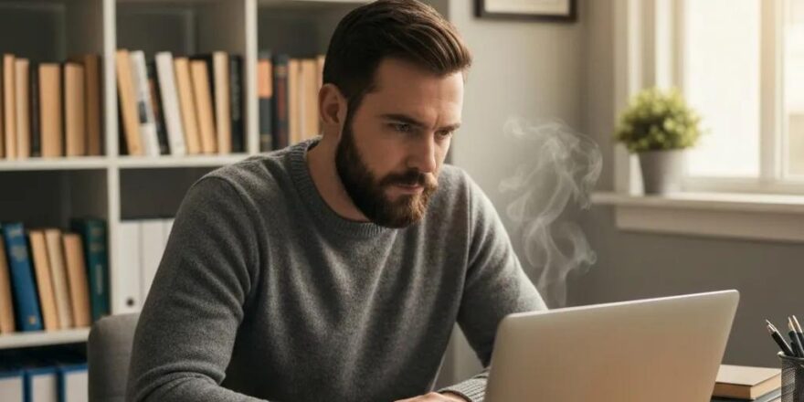 Real estate investor in a cozy home office reviewing documents related to second mortgages