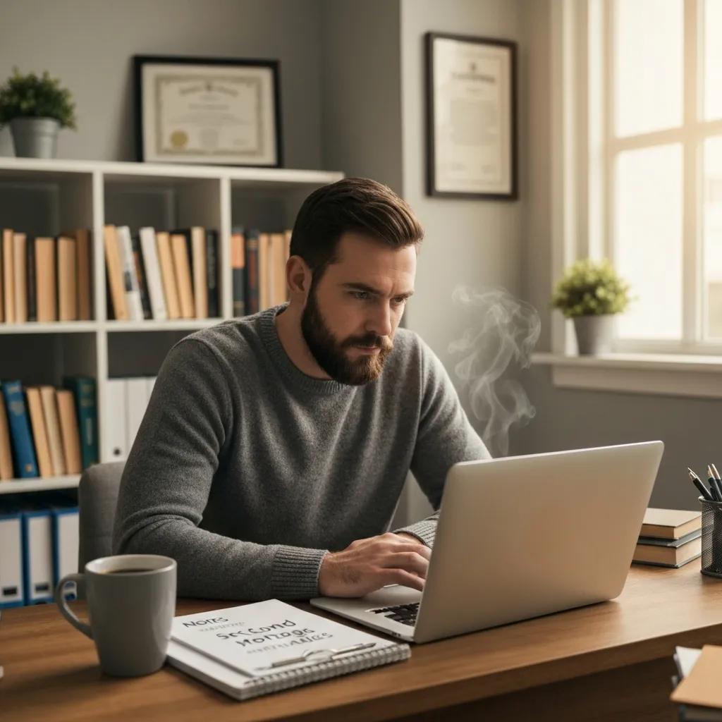 Real estate investor in a cozy home office reviewing documents related to second mortgages
