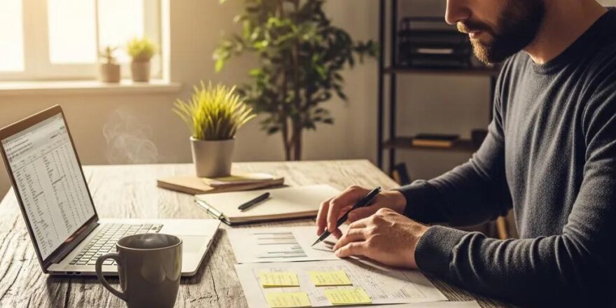 Real estate investor in a cozy home office reviewing hard money lending documents