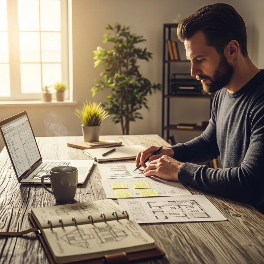 Real estate investor in a cozy home office reviewing hard money lending documents