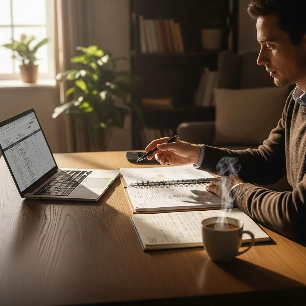 Real estate investor in a cozy home office reviewing hard money loan documents