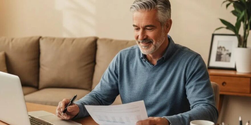 Real estate investor in a cozy home office reviewing hard money loan documents