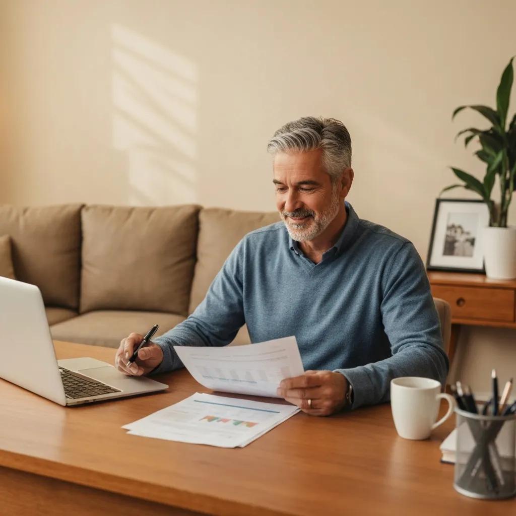 Real estate investor in a cozy home office reviewing hard money loan documents