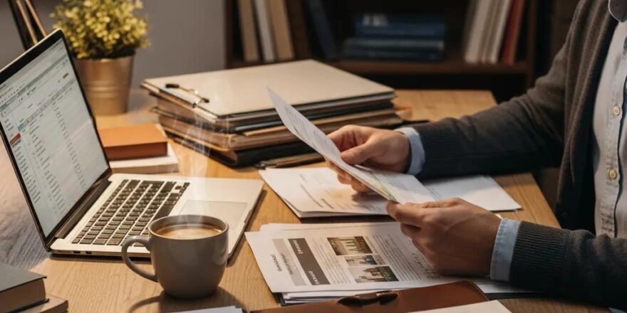 Real estate investor in a cozy home office reviewing hard money loan documents