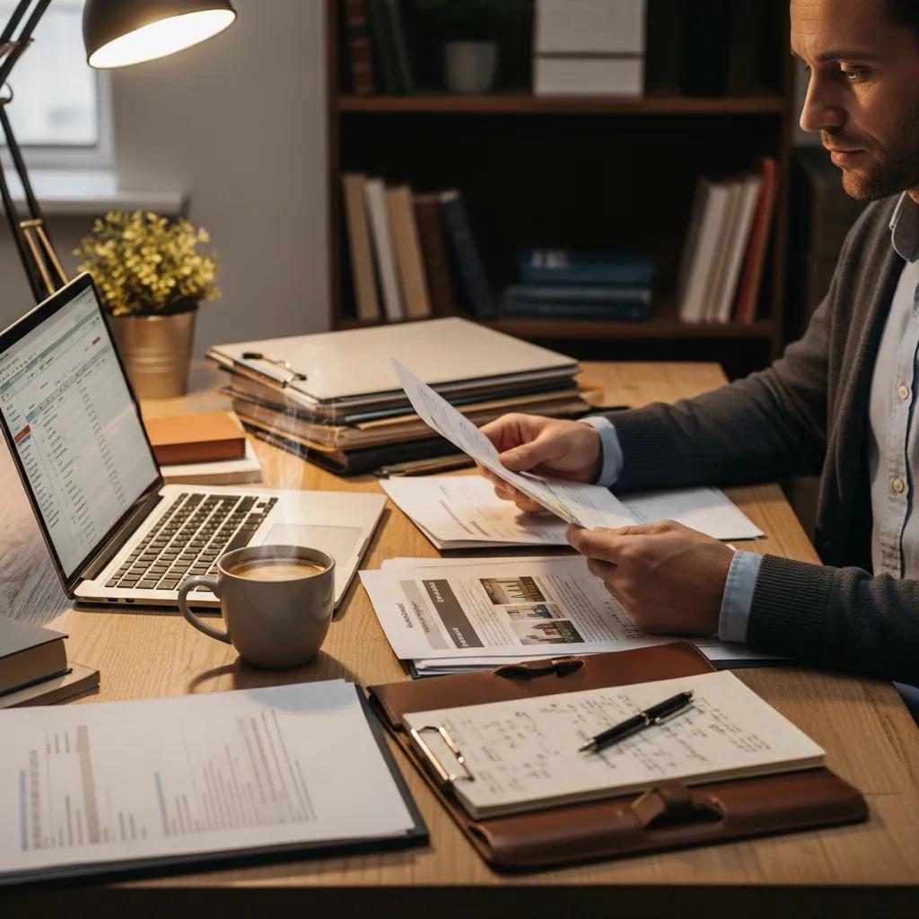 Real estate investor in a cozy home office reviewing hard money loan documents