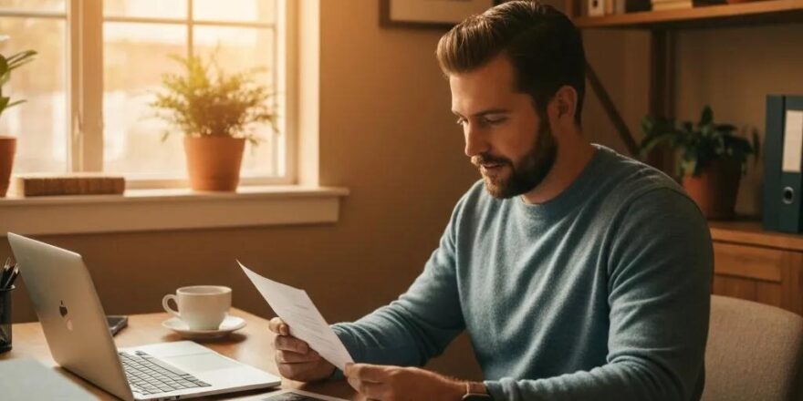 Real estate investor in a cozy home office reviewing hard money loan documents