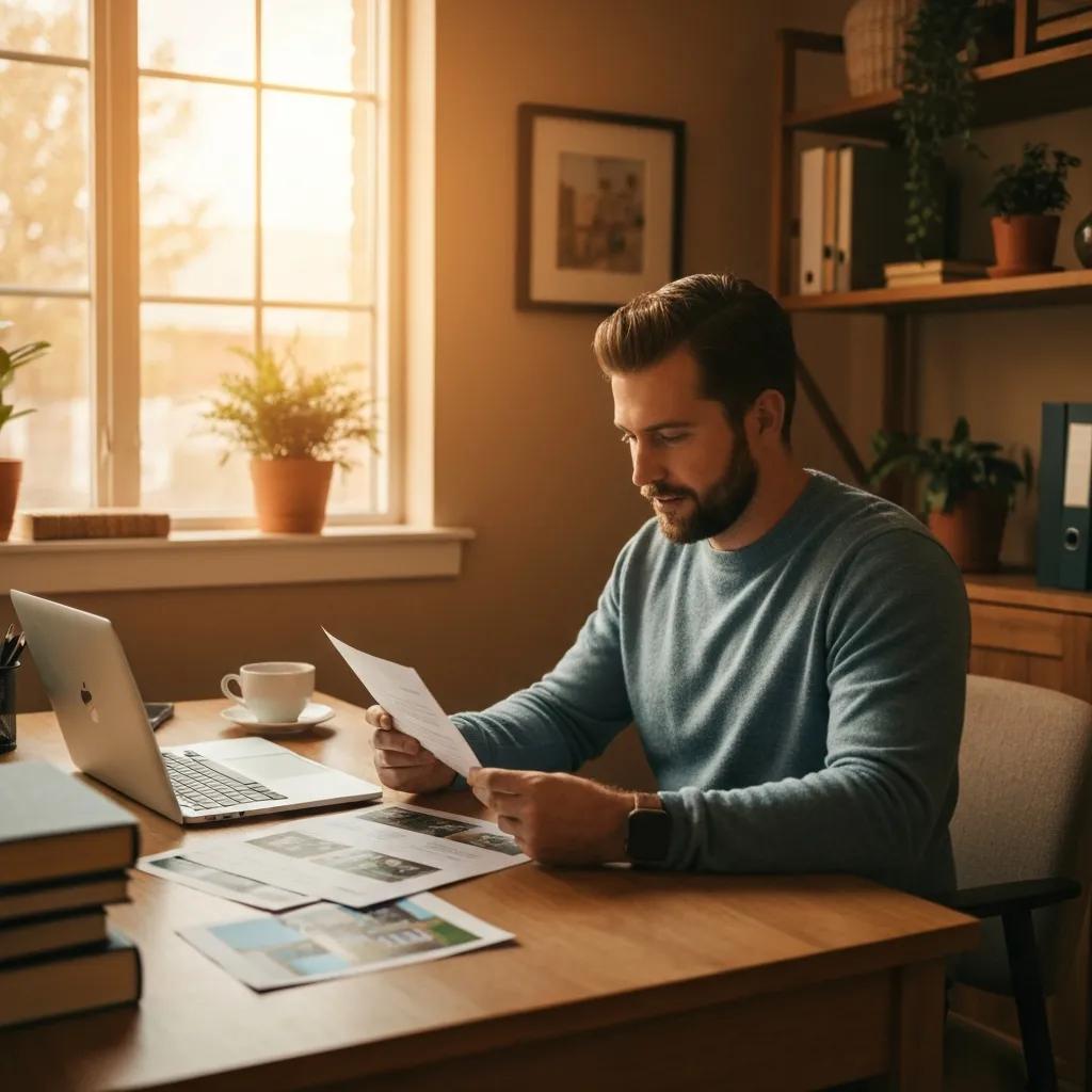 Real estate investor in a cozy home office reviewing hard money loan documents