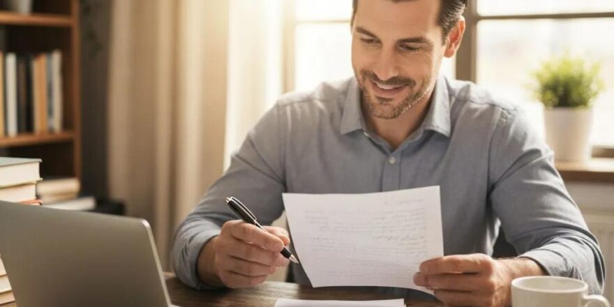 Real estate investor in a cozy home office reviewing hard money loan documents