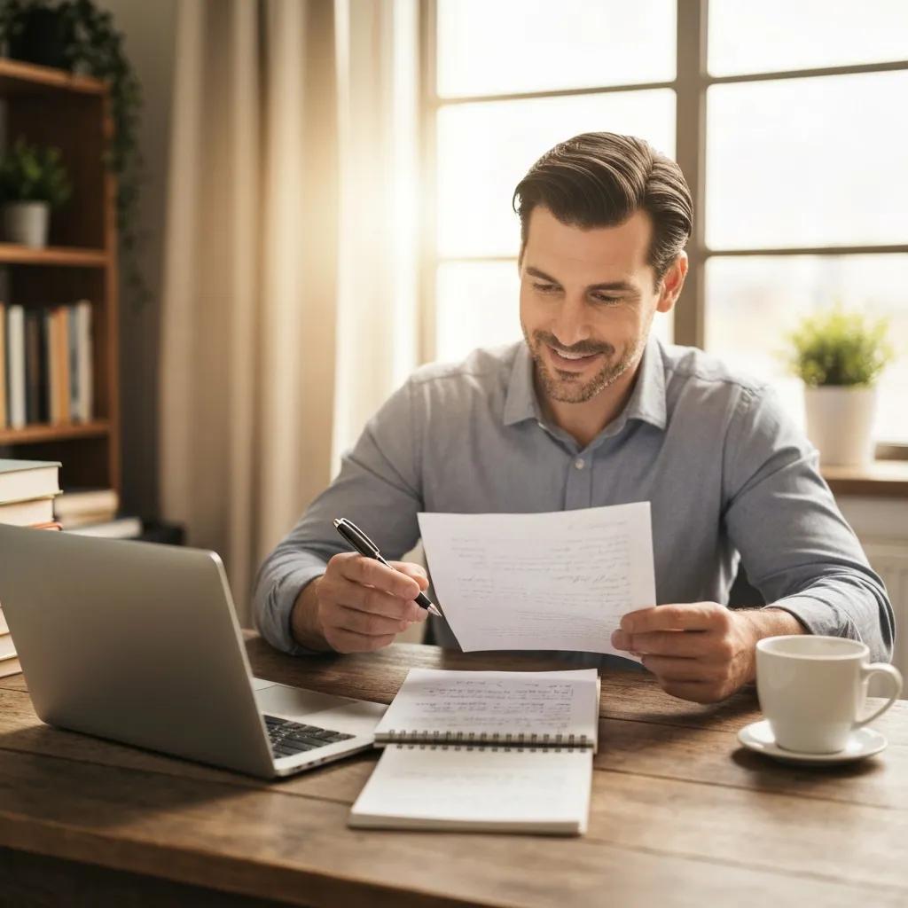 Real estate investor in a cozy home office reviewing hard money loan documents