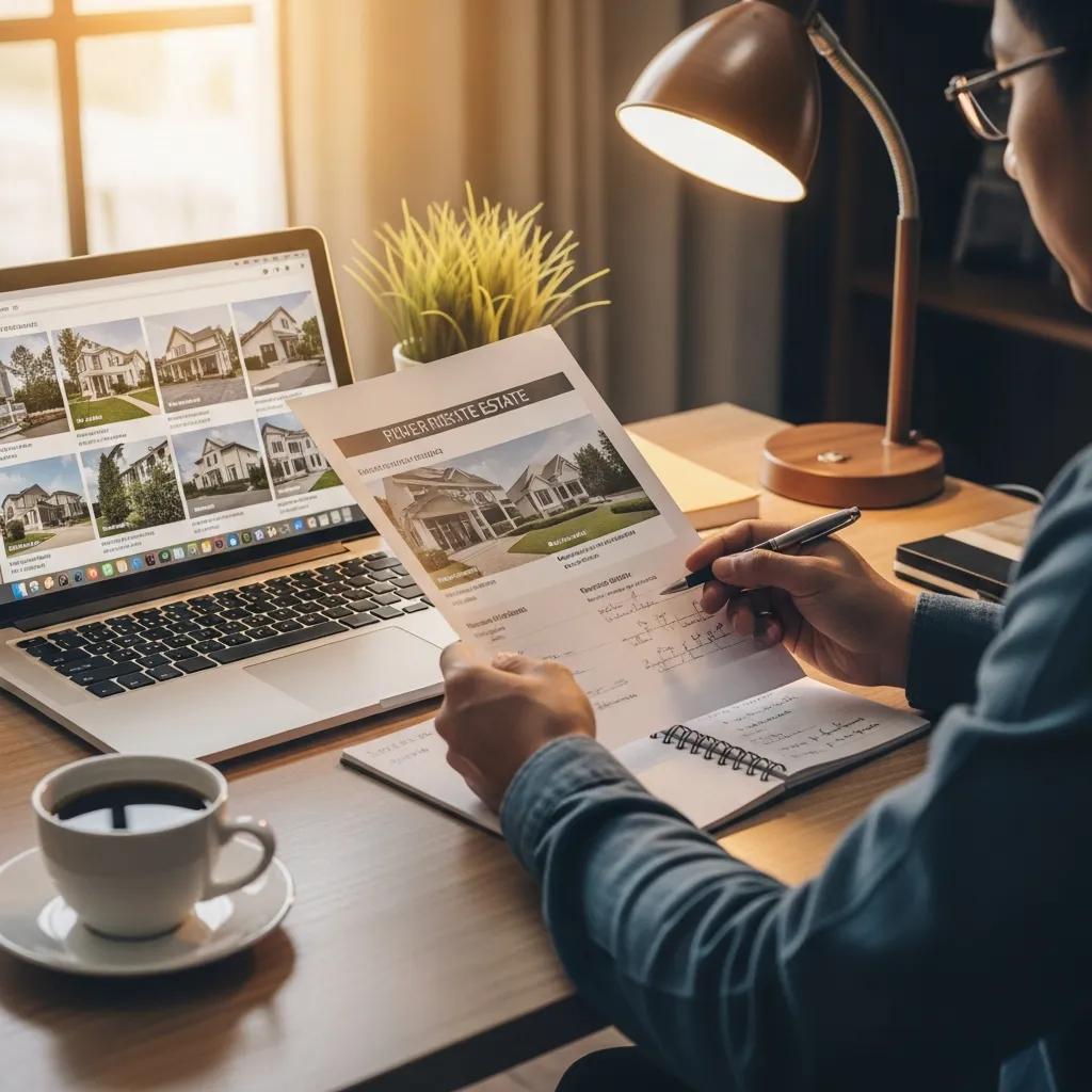 Real estate investor in a cozy home office reviewing hard money loan options