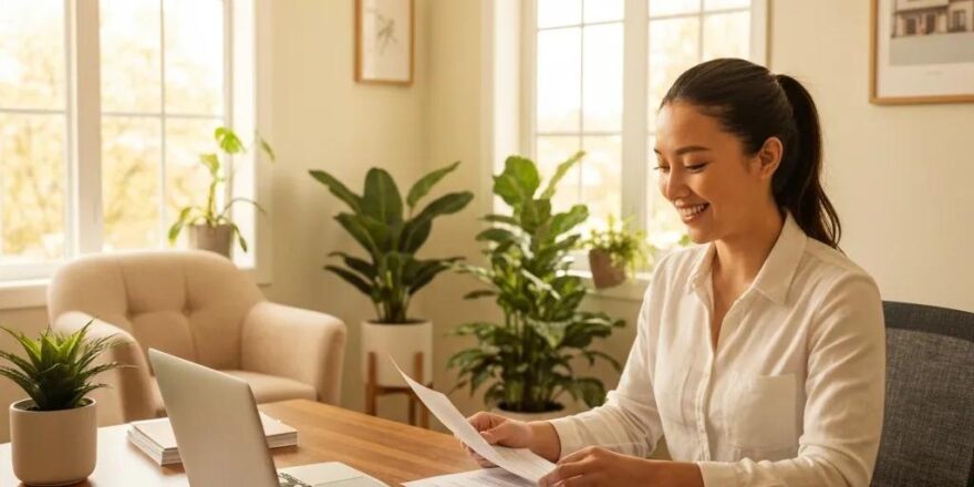 Real estate investor in a cozy home office reviewing investment loan documents