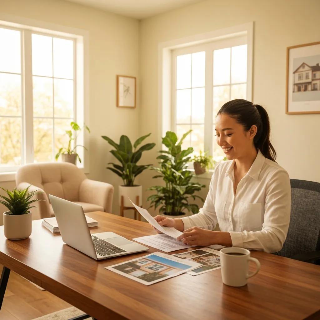 Real estate investor in a cozy home office reviewing investment loan documents