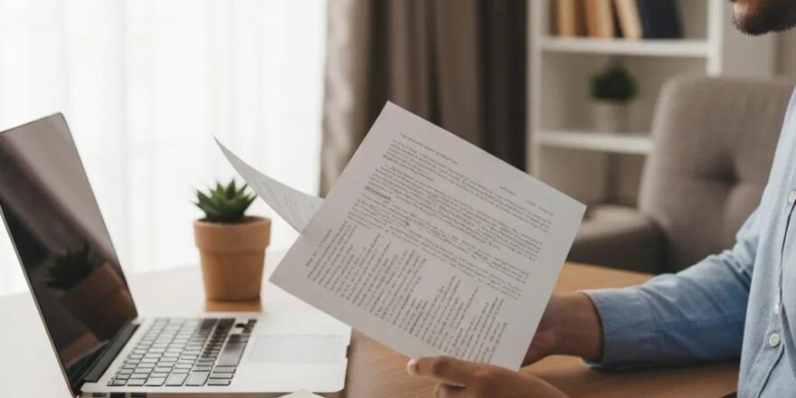 Real estate investor in a cozy home office reviewing loan documents