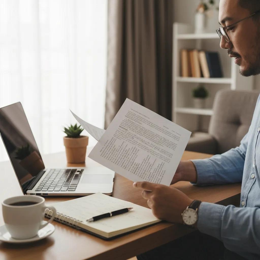 Real estate investor in a cozy home office reviewing loan documents