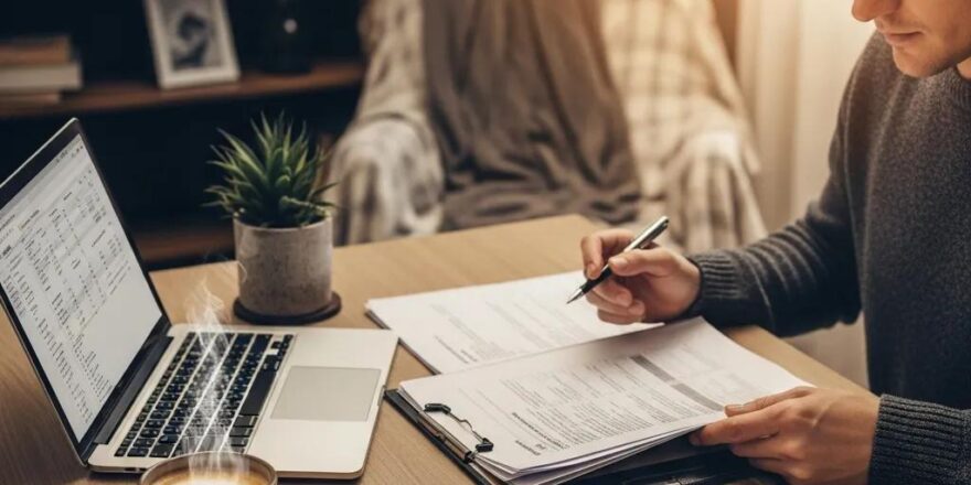 Real estate investor in a cozy home office reviewing property documents