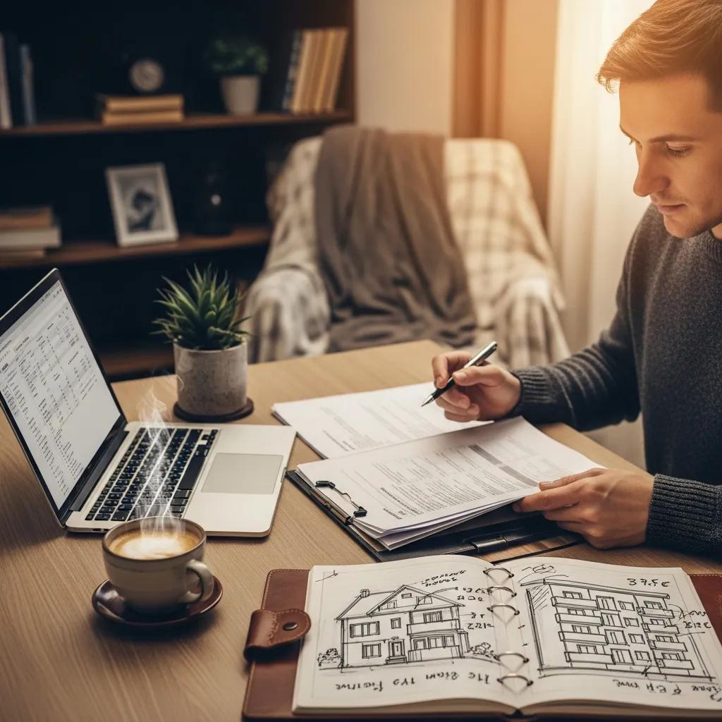 Real estate investor in a cozy home office reviewing property documents