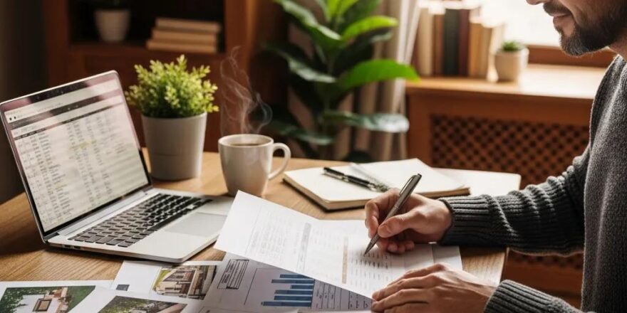 Real estate investor in a cozy home office reviewing property documents
