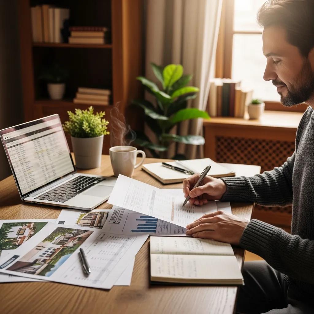 Real estate investor in a cozy home office reviewing property documents