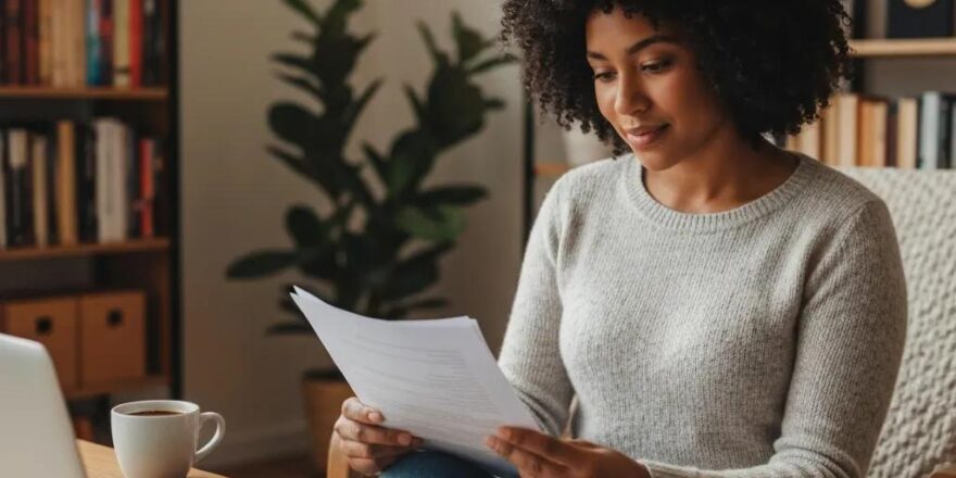 Real estate investor in a cozy home office reviewing property documents