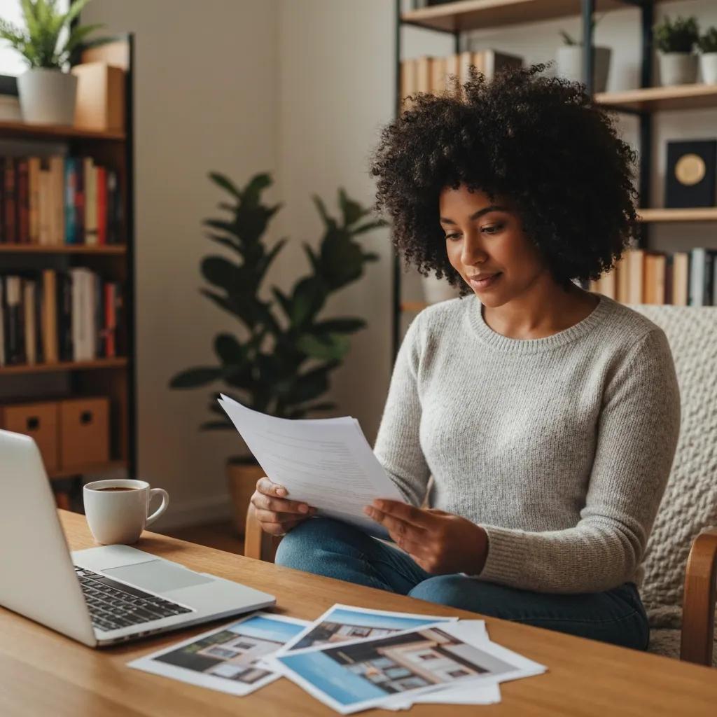 Real estate investor in a cozy home office reviewing property documents