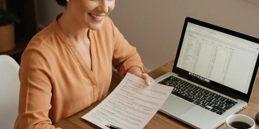 Real estate investor in a cozy home office reviewing refinancing documents