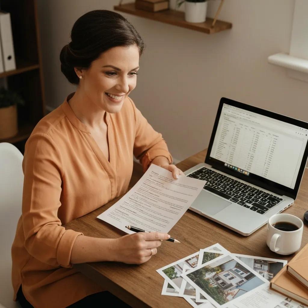 Real estate investor in a cozy home office reviewing refinancing documents