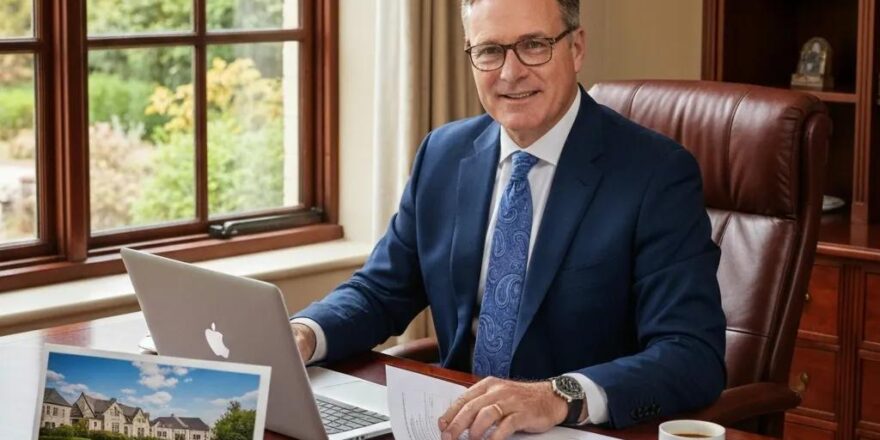 Real estate investor in a cozy home office reviewing refinancing options with property documents and a laptop