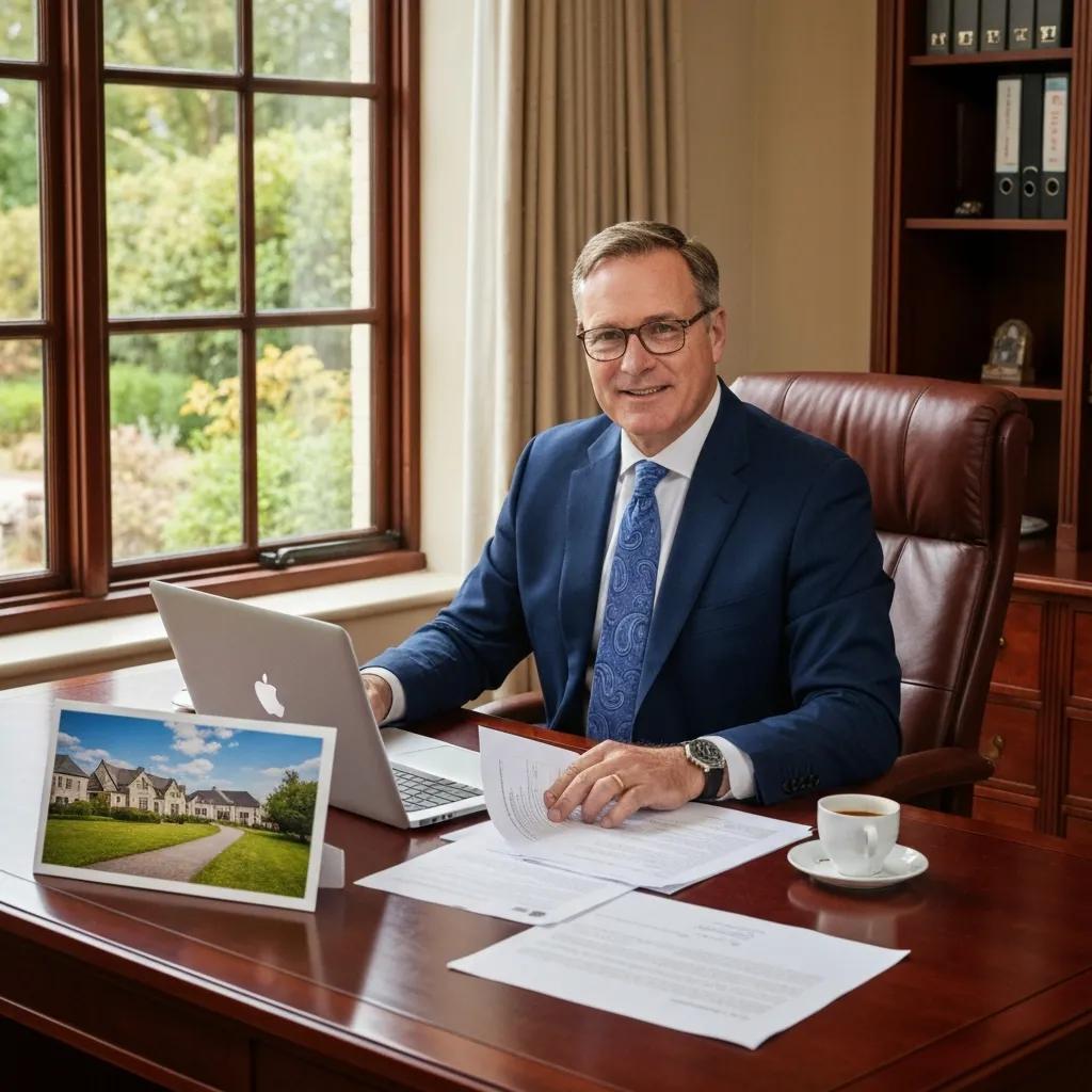 Real estate investor in a cozy home office reviewing refinancing options with property documents and a laptop