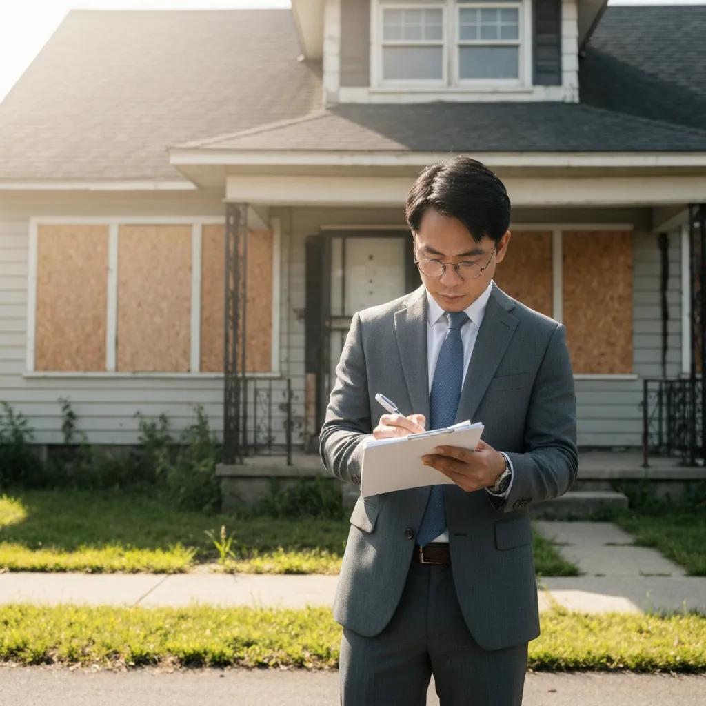 Investor inspecting a distressed property with a checklist