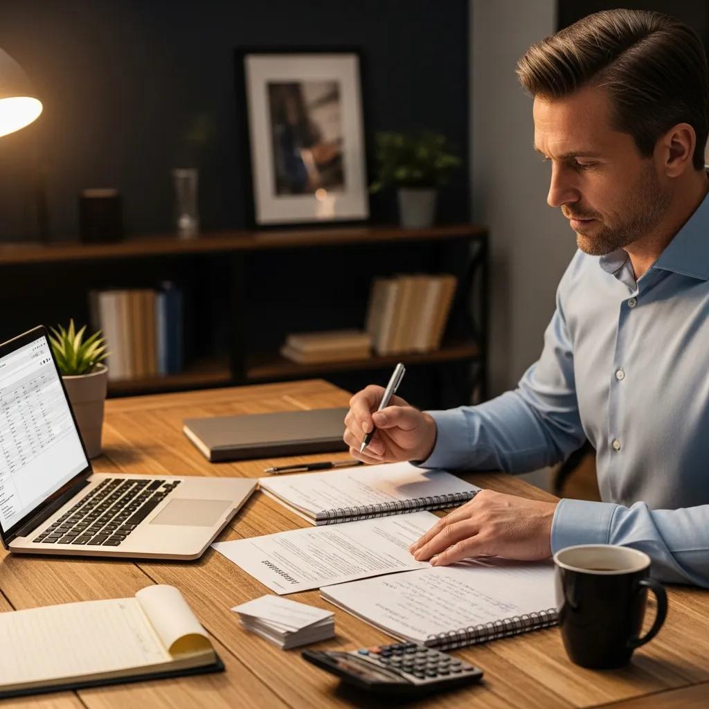 Investor organizing loan application materials &mdash; laptop, notepad, and property documents ready for submission