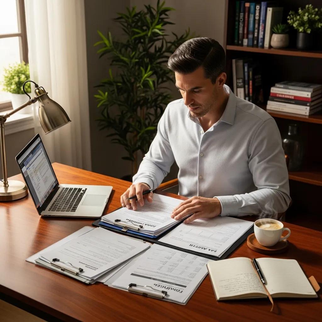 Investor organizing loan application documents at a desk