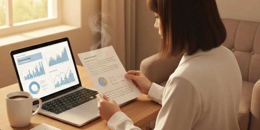 Real estate investor reviewing adjustable-rate mortgage documents in a cozy home office