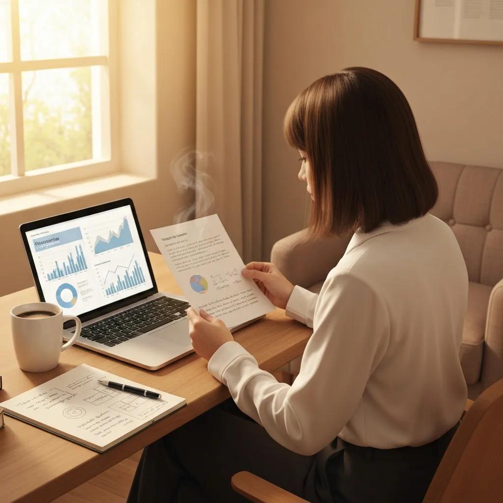 Real estate investor reviewing adjustable-rate mortgage documents in a cozy home office