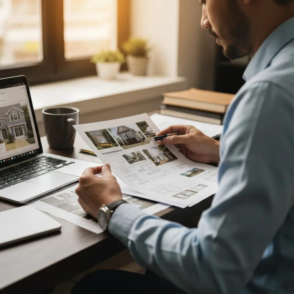Investor reviewing loan documents and renovation plans at a home office desk