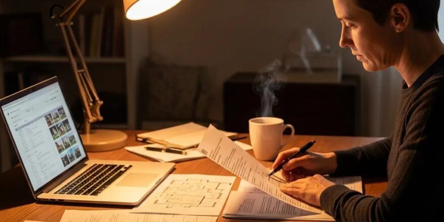 Real estate investor reviewing documents in a cozy home office