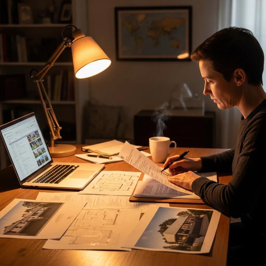 Real estate investor reviewing documents in a cozy home office