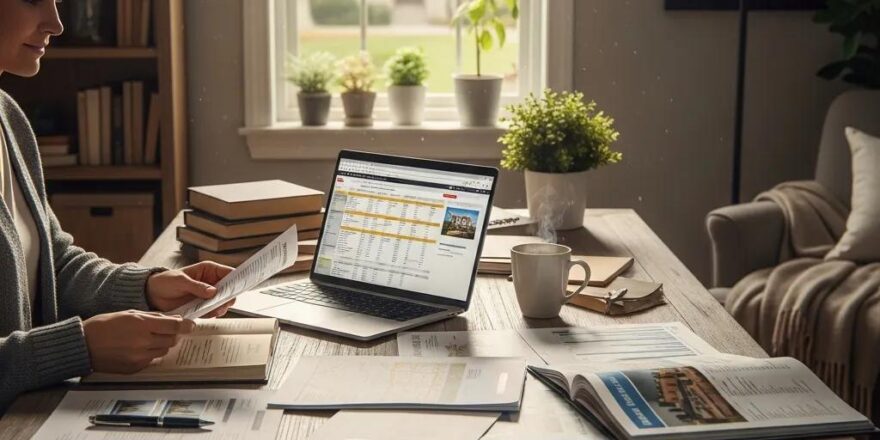 Real estate investor reviewing documents in a cozy home office