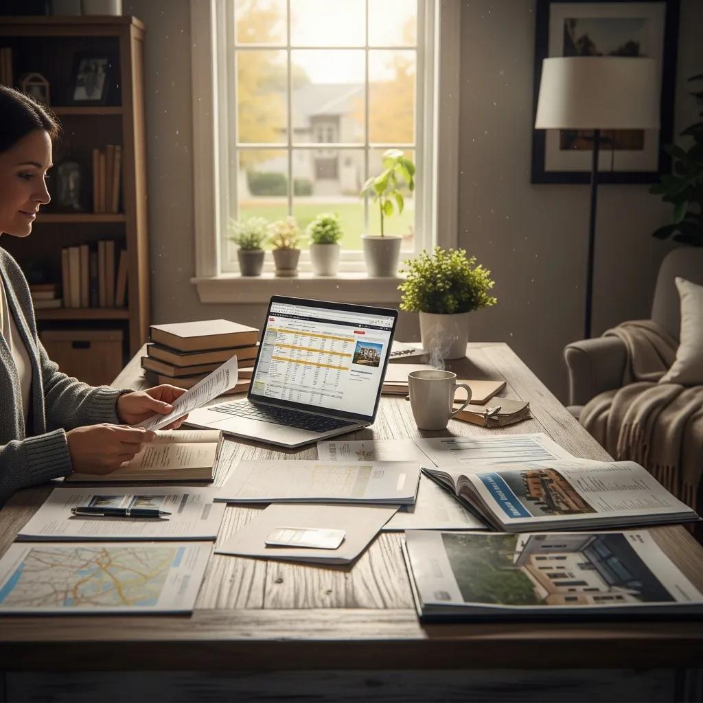 Real estate investor reviewing documents in a cozy home office