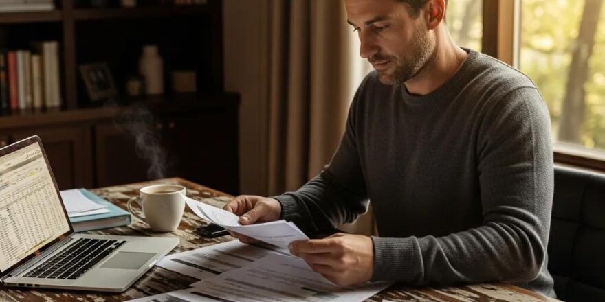 Real estate investor reviewing documents in a cozy home office