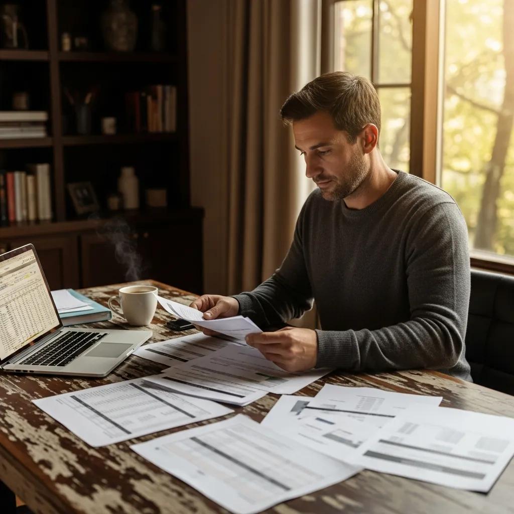Real estate investor reviewing documents in a cozy home office