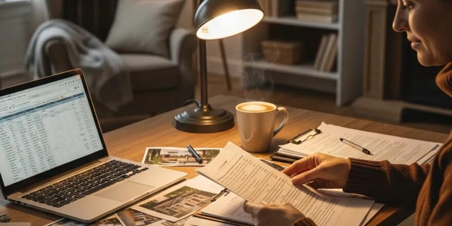 Real estate investor reviewing documents in a cozy home office