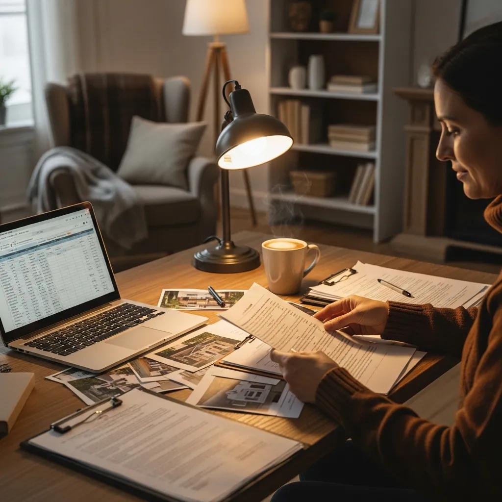 Real estate investor reviewing documents in a cozy home office
