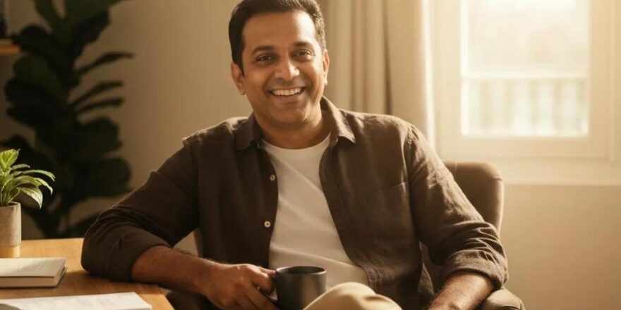 Real estate investor reviewing documents in a cozy home office