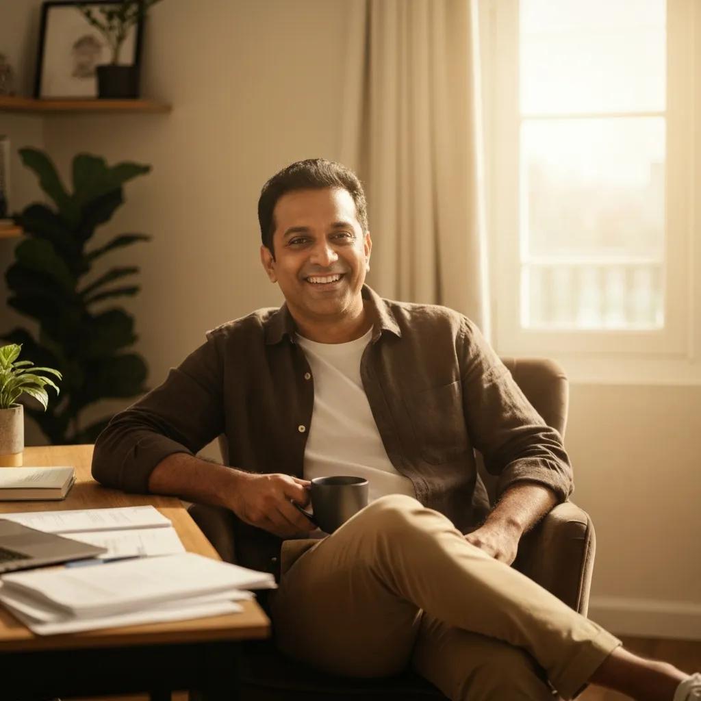 Real estate investor reviewing documents in a cozy home office