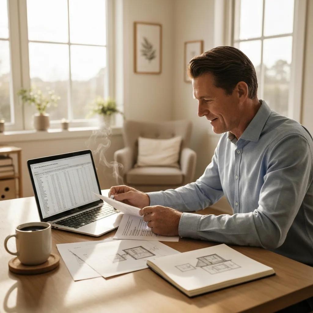 Real estate investor reviewing documents in a cozy home office, emphasizing hard money loans and investment strategies