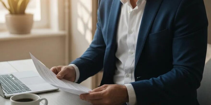 Real estate investor reviewing documents in a cozy home office