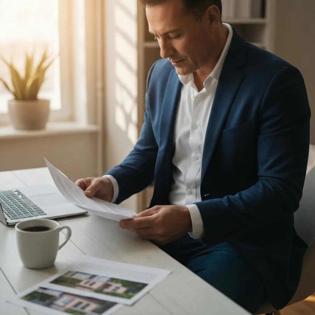 Real estate investor reviewing documents in a cozy home office